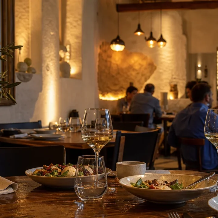 Gedeckter Tisch im warmen Licht des Gastraums