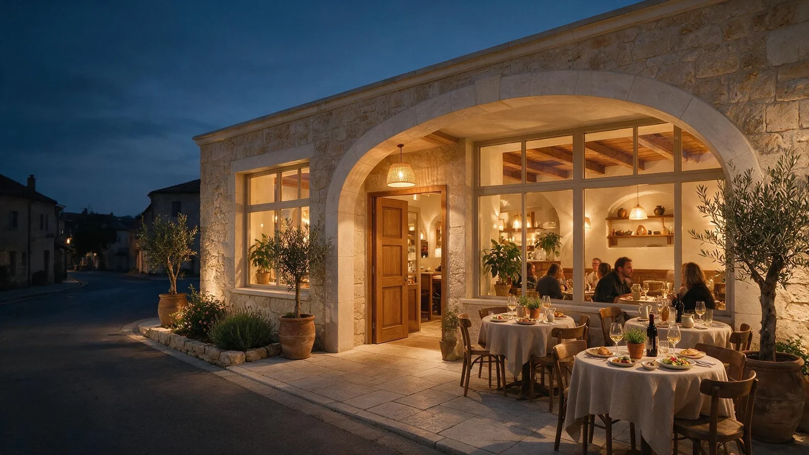 Das Haus am Abend mit beleuchteter Fassade und Gästen auf der Terrasse